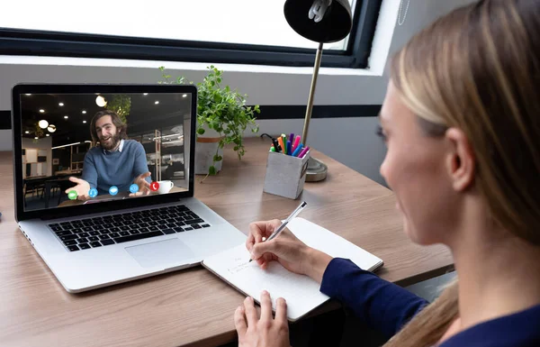 Caucasian Woman Sitting Desk Having Video Call Coworker Online Meeting — Stock Photo, Image