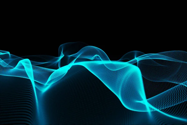 Абстрактна Ілюстрація Сяючої Синьої Цифрової Сітки Хвилі Чорному Тлі Технологічний — стокове фото