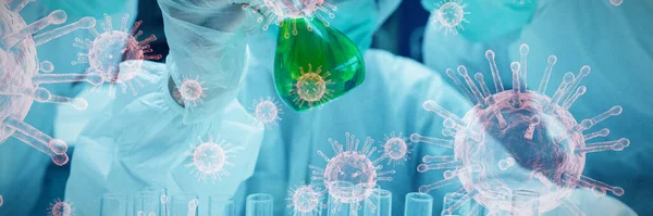 Coronavírus Sobre Fundo Branco Contra Químico Misturando Líquido Verde Copo — Fotografia de Stock