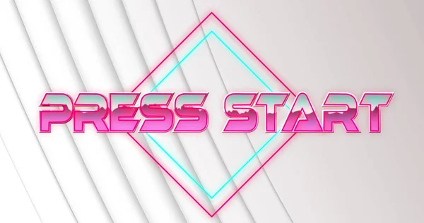 Image of press start metallic text over neon pattern. Global image game, data processing, connections and networks concept digitally generated image.