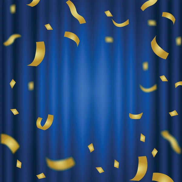 Coriandoli Oro Che Cadono Una Tenda Blu Sullo Sfondo Celebrazione — Foto Stock
