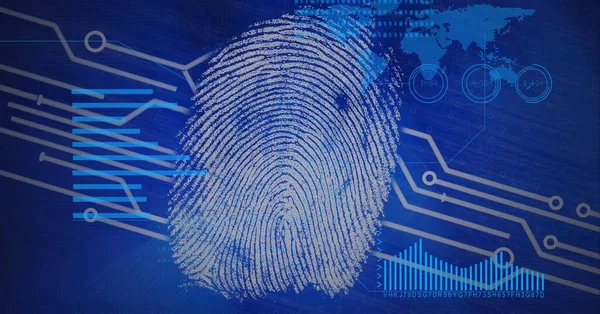 Composition of digital biometric fingerprint over computer circuit board on blue background. global technology, data processing and digital interface concept digitally generated image.