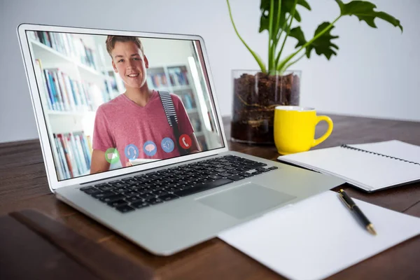 Webcam View Male Student Video Call Laptop Wooden Table Distance — Stock Photo, Image