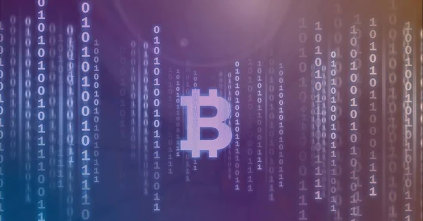 Composición Del Símbolo Bitcoin Procesamiento Codificación Binaria Sobre Fondo Púrpura — Foto de Stock