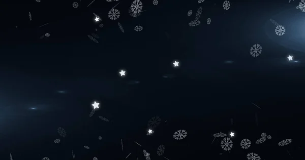 Bild Von Schneeflocken Und Sternen Die Auf Schwarzen Hintergrund Fallen — Stockfoto