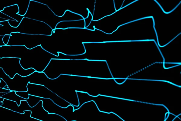 在黑色背景下的霓虹灯蓝色波纹线的抽象图解 抽象纹理和抽象形状概念的技术背景 — 图库照片