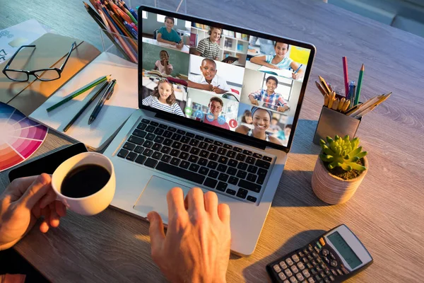 Mid Section Teacher Having Video Conference Multiple Students Laptop School — Stock Photo, Image
