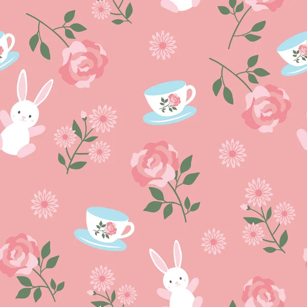 White Bunny Tea Cup Flowers Pale Pink Background Colour Shape — Stock Photo, Image
