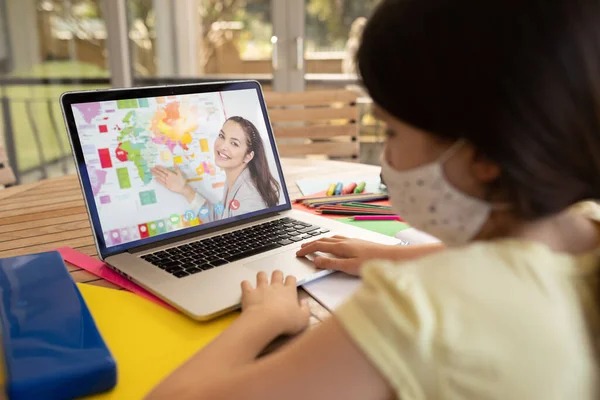 Studentinnen Mit Gesichtsmaske Bei Einem Videoanruf Mit Einer Lehrerin Laptop — Stockfoto