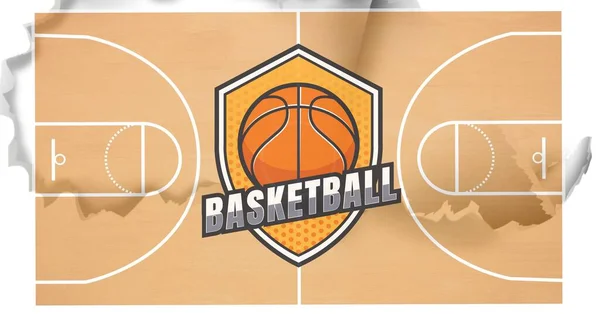 Složení Basketbalového Znaku Basketbalovým Hřištěm Bílým Pozadím Tísni Sport Soutěžní — Stock fotografie