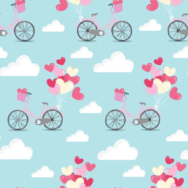 Bicicletas Com Balões Forma Coração Sobre Nuvens Fundo Azul Dia — Fotografia de Stock