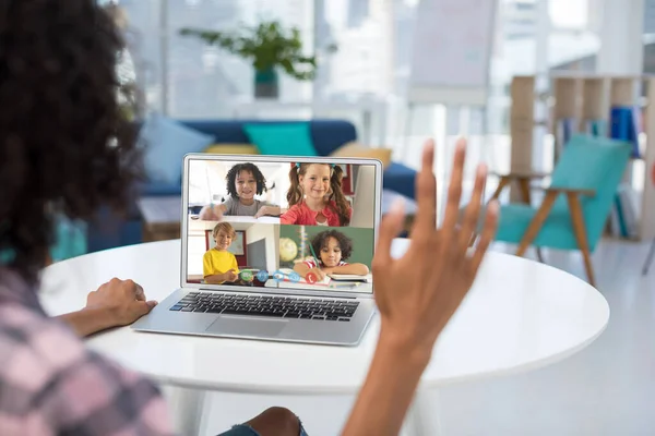 Female Teacher Having Video Conference Multiple Students Laptop Home Distance — Stock Photo, Image