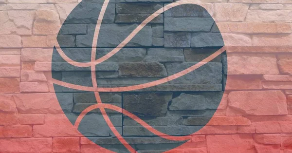 Composition Black Basketball Ball Stencil Design Textured Red Stone Wall — Stock Photo, Image