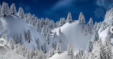 Mavi zemin üzerinde köknar ağaçları ve dağlar olan kış manzarasının animasyonu. Noel mevsimi kutlaması konsepti dijital olarak oluşturulmuş görüntü.