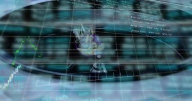 Kan torbalarıyla dolu kutuyu tutan melez doktorların veri işleme ve yüzen diyagramlarının animasyonu. Covid-19 Coronavirus salgını sırasında tıbbi personel.