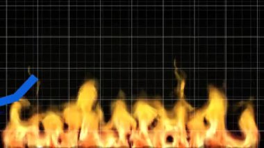 Siyah zemin üzerinde istatistik kaydı, çizelge ve veri işlemesi ile yanan ateşin animasyonu. Küresel finans ve iş konsepti dijital olarak oluşturulmuş görüntü.