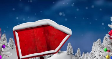 Kırmızı tabelalı ve mavi arka planda süslenmiş Noel ağaçlı kış manzarası animasyonu. Noel mevsimi kutlaması konsepti dijital olarak oluşturulmuş görüntü.