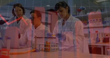 Laboratuvarda örnekleri kontrol eden bir grup etnik doktor üzerinde yüzen diyagramların animasyonu. Covid-19 Coronavirus salgını sırasında tıbbi personel.