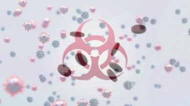 Beyaz arka planda düşen haplar üzerine biyolojik tehlike sembolü ve yüzen makro Covid-19 hücrelerinin animasyonu. Covid-19 Coronavirus salgını sırasında tıbbi personel.