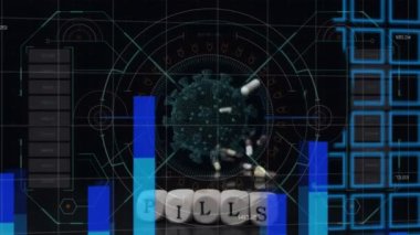 Uçan makro Covid-19 hücresinin animasyonu, dünya haritası ve düşen hapların üzerindeki diyagramlar ve metin haplı scrabble blokları. Covid-19 Coronavirus salgını sırasında tıbbi personel.