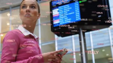 Havalimanında akıllı telefon kullanan beyaz bir kadının üzerinde uçan Covid-19 kelimelerinin animasyonu. Toplu taşıma Covid-19 koronavirüs salgını sırasında sosyal mesafeyle yeniden açılıyor.