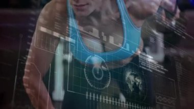 Veri işleme, tarama ve analiz animasyonu. Arka planda bir dambılla spor salonunda çalışan sarışın, beyaz bir kadınla.