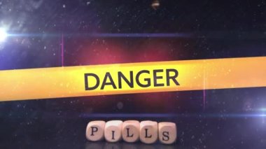 Polis bantlarının Scrabble bloklarının üzerinde cep hapları ve siyah arka planda düşen haplarla canlandırılması. Covid-19 Coronavirus salgını sırasında tıbbi personel.