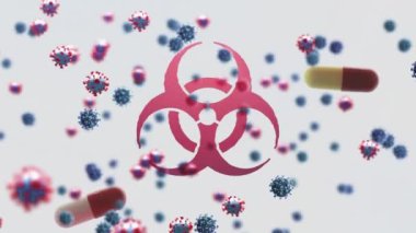 Beyaz arka planda düşen haplar üzerine biyolojik tehlike sembolü ve yüzen makro Covid-19 hücrelerinin animasyonu. Covid-19 Coronavirus salgını sırasında tıbbi personel.