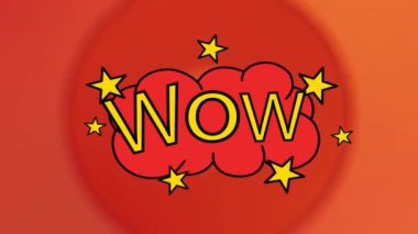 Wow ile klasik çizgi film konuşma balonunun animasyonu! Arka planda turuncu daireler üzerinde sarı harflerle yazılmış metin. Retro pop sanatları iletişim konsepti dijital olarak oluşturuldu.
