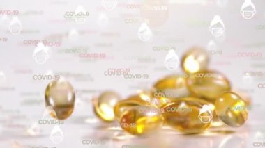 Beyaz arka planda düşen haplar üzerine çoklu Covid-19 kelimesinin ve ikonların animasyonu. Covid-19 Coronavirus salgını sırasında tıbbi personel.
