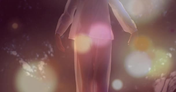 요가를 캅카스 여성의 애니메이션은 위에서 최면적 움직임으로 움직이는 빛나는 점들로 — 비디오