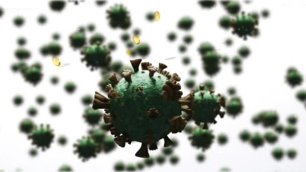 Анімація Плаваючих Клітин Covid Над Таблетками Падають Білому Тлі Медичний — стокове відео