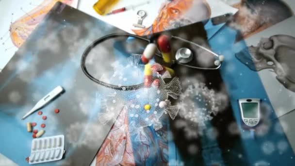 Анімація Клітин Макро Covid Плавають Над Падінням Таблеток Медичному Обладнанні — стокове відео