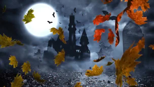 Animação Noite Paisagem Halloween Com Morcego Lua Castelo Assustador Lápide — Vídeo de Stock