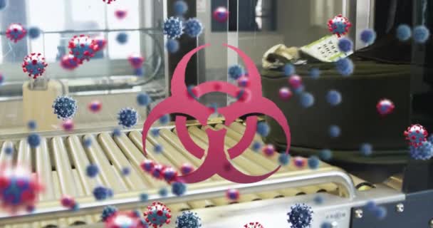 Animatie Van Drijvende Macro Covid Cellen Biohazard Symbool Bewegende Bagage — Stockvideo