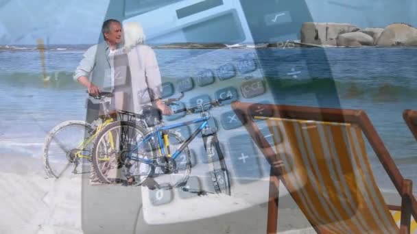 Animáció Számológép Felett Idős Pár Nyári Szünetben Álló Kerékpárok Csodálják — Stock videók