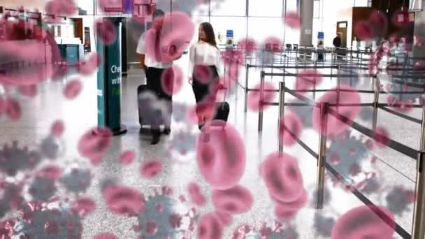 Animation Cellules Flottantes Covid Dessus Travailleuses Travailleurs Aéroport Caucasiens Marchant — Video