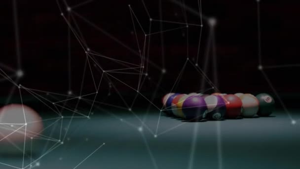 Animation eines komplexen Netzwerks von Verbindungen und Sharing Points mit einer Nahaufnahme von Bällen, die auf einem Billardtisch im Hintergrund zerbrechen