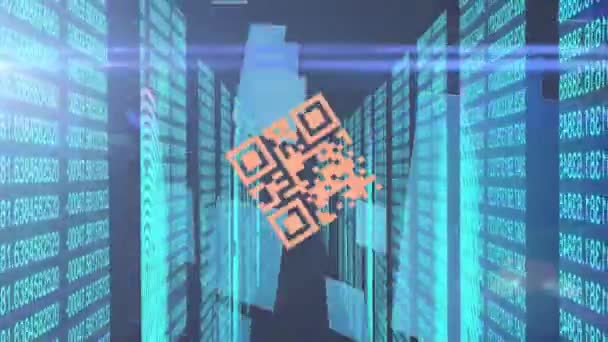 오렌지색 코드의 애니메이션 수많은 디지털 비디오를 화면으로 만들어 파란색 사각형 — 비디오