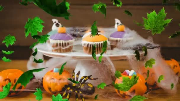 Animação Decoração Halloween Sazonal Com Cupcakes Abóboras Esculpidas Teia Aranhas — Vídeo de Stock