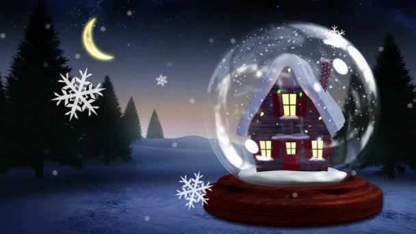 Animación Paisajes Nocturnos Invierno Con Bola Vidrio Copos Nieve Cayendo — Vídeo de stock