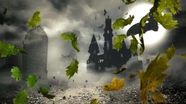 Animáció Éjszaka Halloween Táj Denevér Hold Kísérteties Kastély Sírkő Őszi — Stock videók