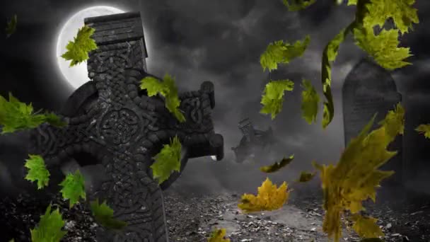 Animação Noite Paisagem Halloween Com Lua Cruz Cemitério Lápide Folhas — Vídeo de Stock