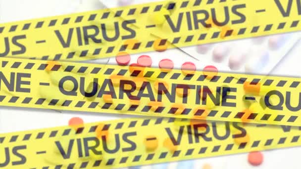 Анімація Поліцейських Стрічок Текстами Virus Karantine Різних Таблетках Білому Тлі — стокове відео