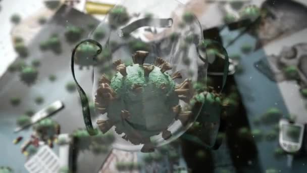 Анимация Макроклеток Ковид Плавающих Над Падающей Маской Медицинском Оборудовании Рентгеновском — стоковое видео