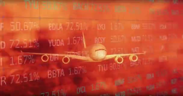 Анімація Літака Пролітає Через Помаранчеві Хмари Над Обробкою Фінансових Даних — стокове відео