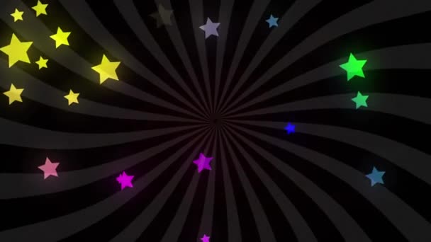 縞模様を背景に催眠動作で動く複数の輝く複数の色の星のアニメーション 色と動きの概念デジタル生成された画像 — ストック動画