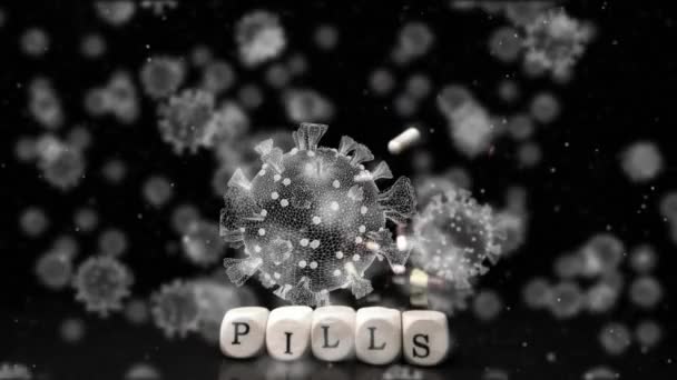 Animation Floating Macro Covid Cells Falling Pills Scrabble Blocks Text — Αρχείο Βίντεο