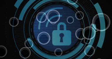 Siyah arkaplandaki bağlantı ağları üzerinden asma kilit simgesi ile tarama alanı görüntüsü. Küresel teknoloji, çevrimiçi güvenlik ve dijital arayüz kavramı dijital olarak oluşturulmuş görüntü.