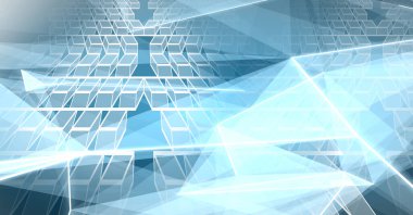 Mavi arkaplana karşı çoklu 3d geometrik küp ve çokgen şekillerin soyut çizimi. Soyut şekil ve doku kavramına sahip teknoloji arkaplanı